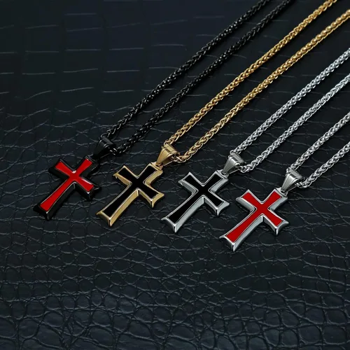 Vista 5 de HZMAN Collar con colgante de cruz de acero inoxidable para hombres con cadena de trigo Negro & rojo
