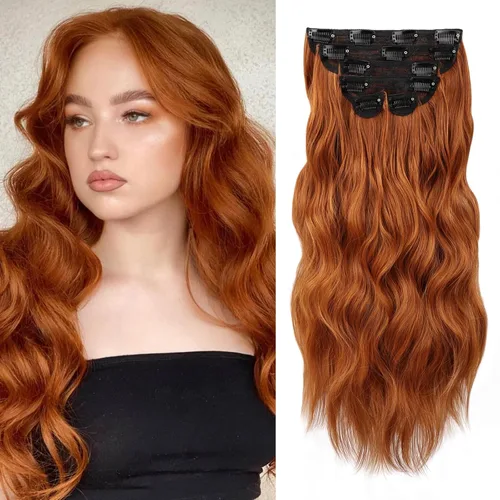 Vista 13 de WECAN Extensión de cabello con clip, de 20 pulgadas, mezcla de rubio ceniza y rubio decolorado, 6 piezas, extensiones de cabello largo ondulado