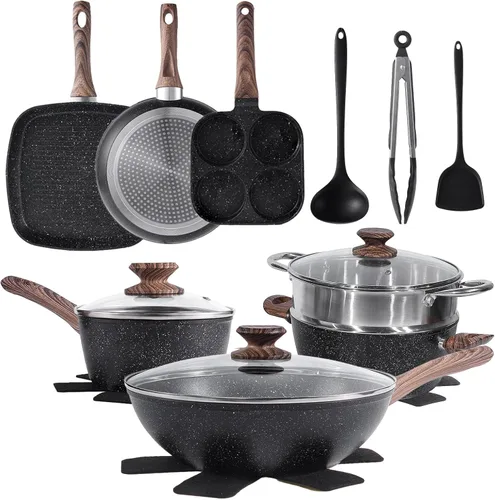 Sweetcrispy Juego de 17 ollas y sartenes antiadherentes, juego de cocina no tóxico con asas que se mantienen frescas, negro natural