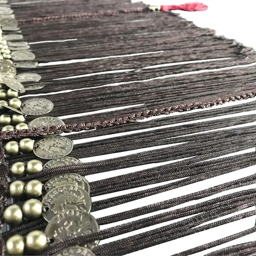 Vista 4 de Bufanda de cadera para danza del vientre, monedas tribales con forma de onda, falda de cadera, cinturón de baile del vientre, borla con flecos