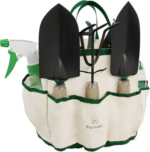 Juego de 8 herramientas de mano de jardín - Kit de herramientas de jardinería con bolsa de lona que incluye tijeras, podadora, rastrillo, paleta,