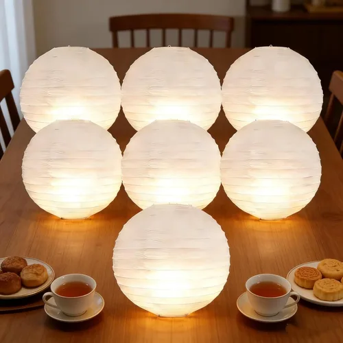 Vista 8 de 6 linternas de papel blancas con luces LED, linterna redonda de 12 pulgadas, lámpara de papel colgante para cumpleaños, boda, Navidad, novia