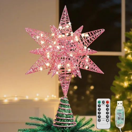 Vista 15 de Lewondr - Estrella para punta de árbol de Navidad de 15.35 pulgadas, 20 luces LED, USB y control remoto, diseño de estrella de Belén Polaris