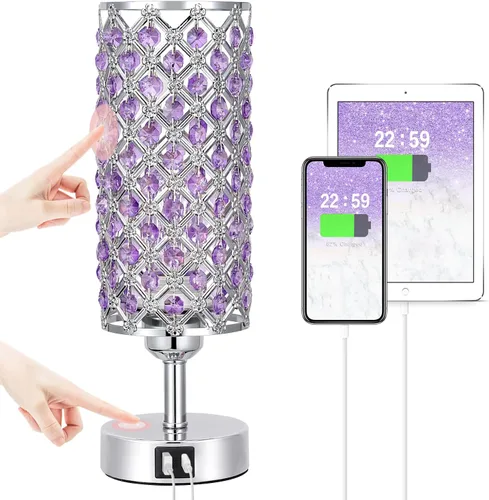 Vista 11 de Lámpara de mesa de cristal, lámpara dorada para dormitorio con puertos de carga USB-C y USB-A, luz regulable de 3 vías con pantalla de cristal