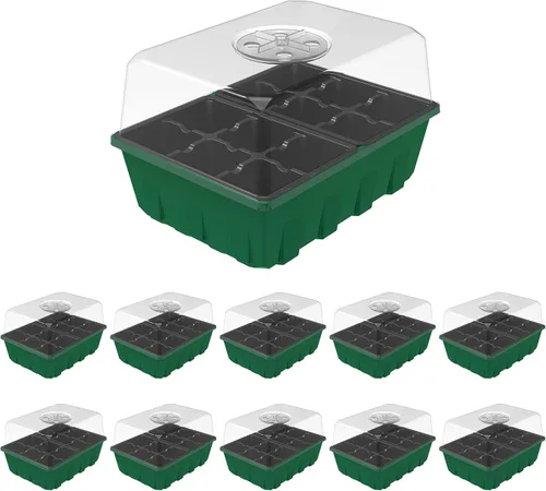 Vista 11 de Gardzen Juego de 5 bandejas de inicio de semillas, bandejas duraderas para germinación de plantas con cúpulas y bases ventiladas de humedad, ideal