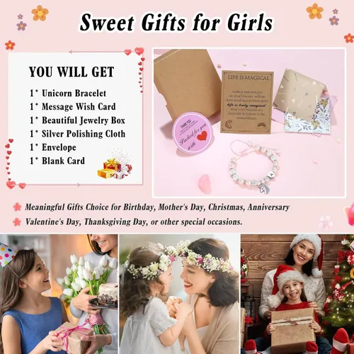Vista 7 de Hidepoo Regalos de unicornios para niñas, perlas rosas y bolas de diamantes de imitación, pulseras de unicornio con inicial de corazón para niñas