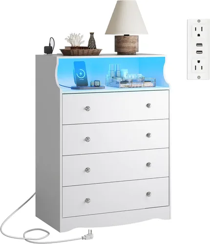 Vista 19 de WLIVE Cómoda LED negra para dormitorio, cómoda alta de madera con 4 cajones y estante abierto, cómoda con toma de corriente para sala de estar