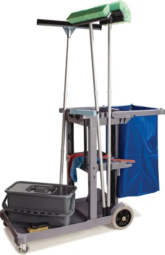 Vista 3 de Carro de limpieza de polietileno Carlisle con plataforma corta para conserjes. Capacidad: 300 libras, Gris, 1