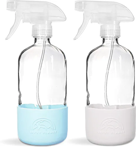 Vista 8 de SAVVY PLANET Botellas vacías de vidrio ámbar con protección de funda de silicona, recipientes recargables de 16 onzas para productos de limpieza