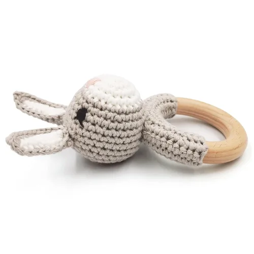 Vista 2 de Joliecraft Juguete de Sonajero de Madera Natural para Bebé, Suave Sacudidor con Anillo para Dentición para Lactantes, Conejo Gris