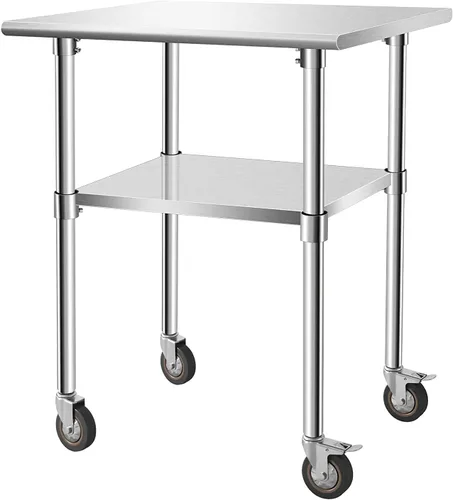 Vista 9 de Mesa de trabajo de acero inoxidable de 24 x 24 pulgadas con 4 ruedas, mesa de trabajo de preparación de alimentos resistente con estante inferior