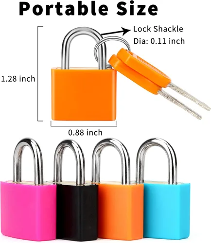 Vista 2 de 4 piezas de candados de veliz con llaves multicolor, mini candado con llave Febwind, candado de metal para equipaje, candados de plástico cubiertos