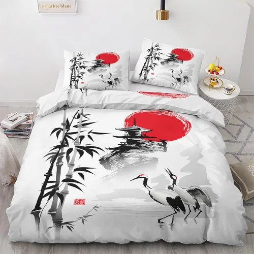 Vista 16 de Funda de edredón japonesa tamaño individual Juego de cama de grúa japonesa 2 piezas Funda de edredón con patrón de microfibra suave con lazos