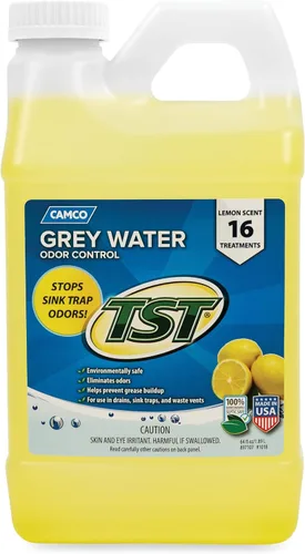 Camco TST - Control de olores de agua gris para cámper/caravana, elimina la acumulación de grasa en los desagües de tanques de agua gris, fregadero