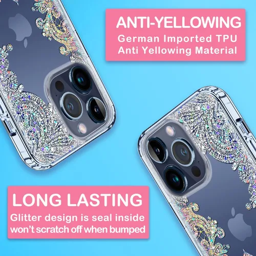 Vista 8 de Coolwee Funda transparente con purpurina antiamarilleamiento para iPhone 15 Pro Max, 6.7 pulgadas, 6.6 pies, protección de grado militar, lindo