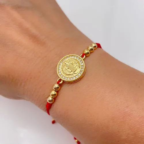 Vista 4 de St Benedict Medal Protection Bracelet for Women - Adjustable Red String with Mini Zircons Bead - Christian Jewelry