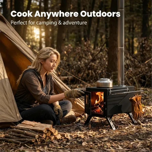 Vista 4 de Estufa Portátil de Leña para Acampar - 7 Chimenea Plegable de Acero Inoxidable con Vidrio Resistente al Calor, Estufa de Cocina al Aire Libre