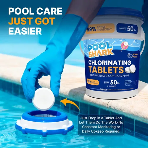 Vista 5 de Tabletas de cloro para piscina Pool Shark - Tabletas de cloro de 3 pulgadas - Pastillas de cloro activo al 90% de disolución lenta - Productos