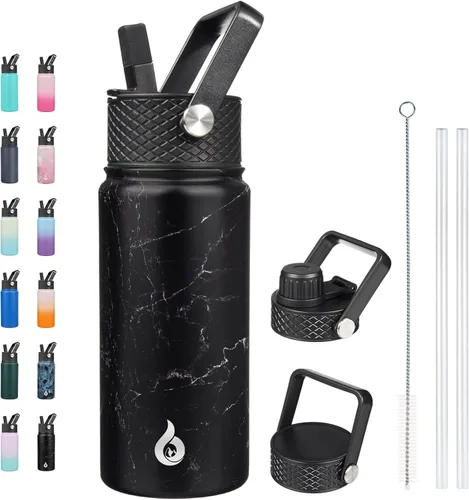 Vista 112 de BJPKPK - Botellas de agua aisladas con tapa de popote, botella de agua de acero inoxidable de 27 onzas con 3 tapas, termo de metal libre de BPA a