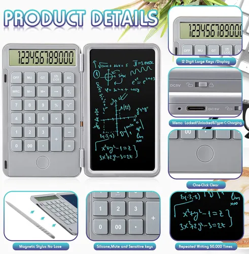 Vista 9 de Calculadoras Hion, Calculadora recargable de escritorio y de bolsillo con pantalla grande de 12 dígitos y tableta de escritura borrable