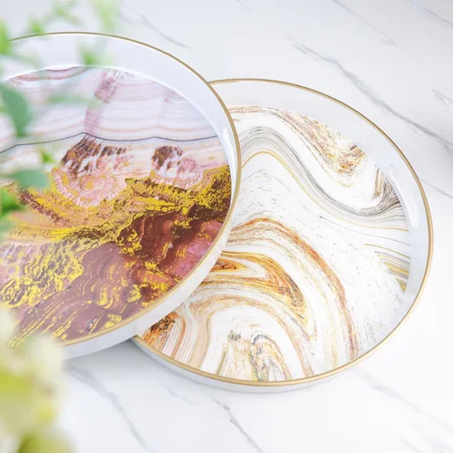 Vista 7 de Bandeja decorativa redonda de mármol blanco con asas, bandeja de servir moderna de plástico de 13" para mesa de café, baño, otomano, decoración