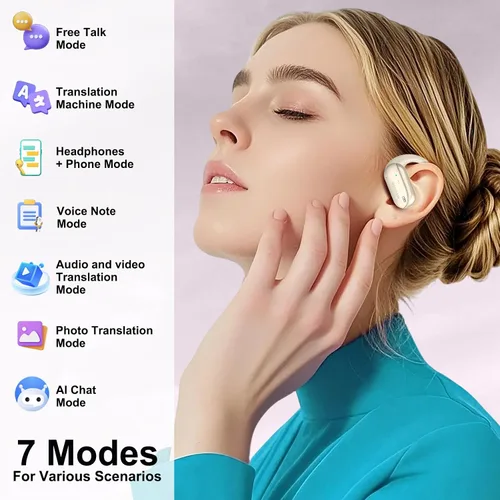 Vista 3 de Auriculares de Traducción AI en Tiempo Real – Auriculares Traductor de 164 Idiomas, Auriculares Inalámbricos 4-en-1 Bluetooth con Audifonos Blanco