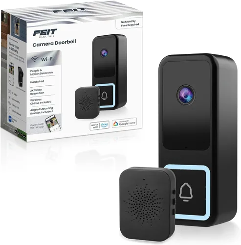 Feit Electric Cámara de timbre inteligente, video HD 2K con cable, visión nocturna, detección de movimiento, audio bidireccional, compatible con
