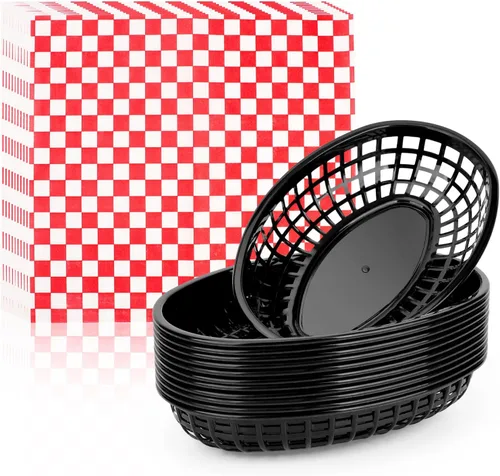 Vista 11 de EUSOAR Cestas de plástico para alimentos con forros de papel, 12 cestas rojas extragrandes de 11.8 x 8.9 pulgadas para servir alimentos y 10 x 11