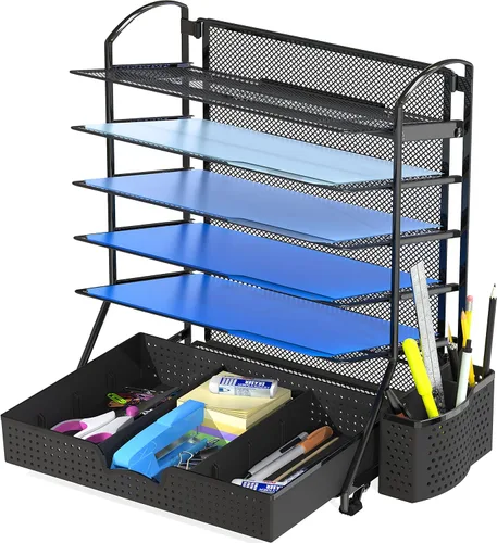 SimpleHouseware - Organizador de 6 bandejas para documentos con cajón deslizante de suministros, color negro