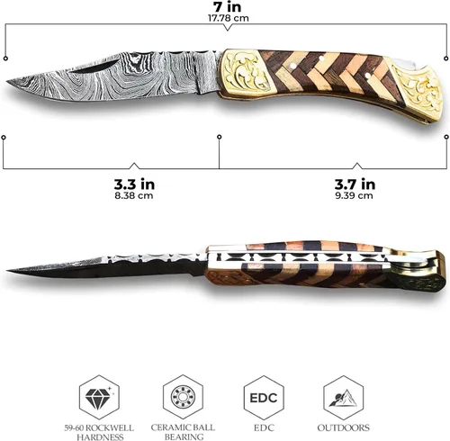 Vista 2 de Cuchillo de bolsillo de Damasco hecho a mano con funda, cuchillo de caza plegable de 7 pulgadas con mango de madera, pequeño cuchillo de campamento