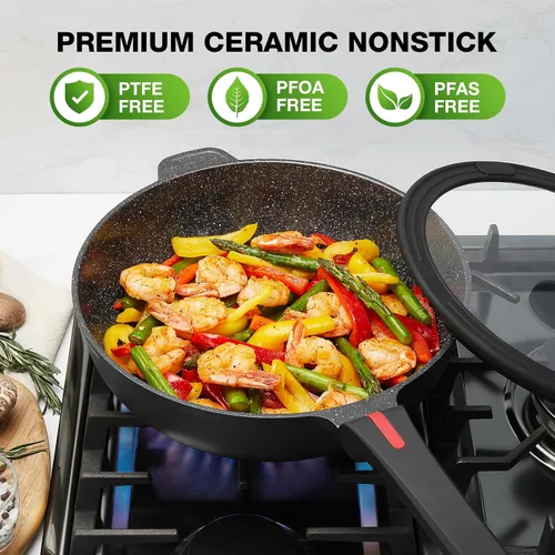 Vista 2 de PekGema Sartén antiadherente para freír en profundidad, sartén de cerámica de 12 pulgadas/4.5 cuartos con tapa, sartén para saltear con asa