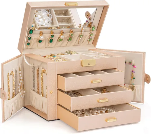 AKOZLIN - Caja de joyería grande de 4 niveles con organizador de almacenamiento de cuero para joyas, con 3 cajones, con cerradura, para mujeres y