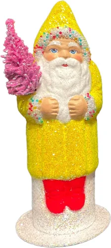 Pinnacle Peak Trading Company Ino Schaller - Papá Noel con purpurina color amarillo neón con árbol rosa, papel alemán maché de 6 pulgadas