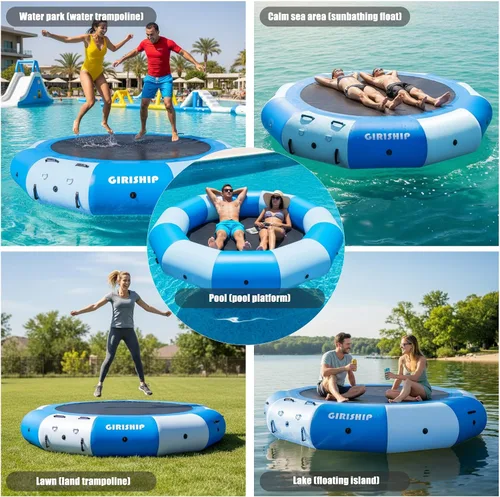 Vista 6 de Inflatable Water Trampoline for Lake, 8/12FT Heavy Duty Floating Lake Trampoline for Water with Pump & Ladder, Ocean Pool Jumping Platform for