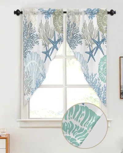 Vista 2 de Cenefas de cortina náuticas costeras coralinas cortas para ventanas pequeñas, temática de playa, cortinas para cocina, dormitorio, sala de estar, 72