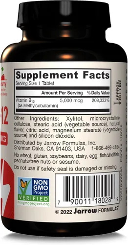 Vista 10 de Jarrow Formulas Vitamina B12 5000 mcg - Máxima fuerza para energía celular y salud cerebral, 90 tabletas masticables de cereza, vitaminas B12 5000