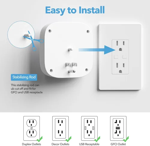 Vista 5 de BN-LINK Paquete de 2 extensores de salida de enchufe múltiple, 3 salidas de pared con 3 puertos USB (1 USB C), adaptador de carga para dormitorio