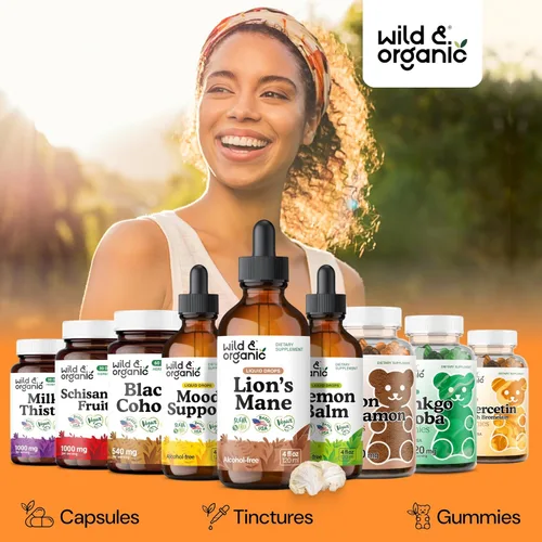 Vista 5 de Wild & Organic Gotas líquidas de melena de leones, apoyo para el cerebro y la concentración, suplemento de hongo melena de león - Gotas de hongo