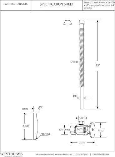 Vista 2 de Westbrass Kit de suministro de cartón ondulado con mango redondo, 5/8" OD x 3/8" OD x 15", níquel satinado, D105K15-07