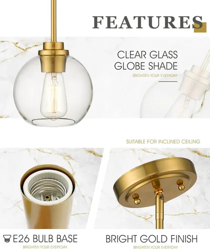 Vista 6 de Luces Colgantes para Isla de Cocina, Lámpara Colgante Moderna Dorada con Pantalla de Globo de Vidrio Transparente, Accesorios de Iluminación