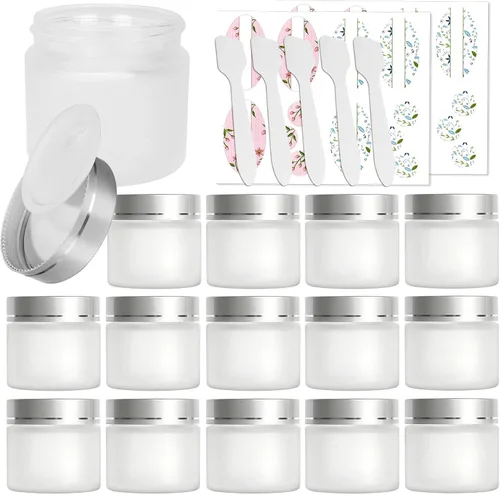 Paquete de 15, tarros de vidrio esmerilado de 2 onzas de 2.0 fl oz con tapas plateadas y revestimientos interiores, recipientes vacíos de cosméticos