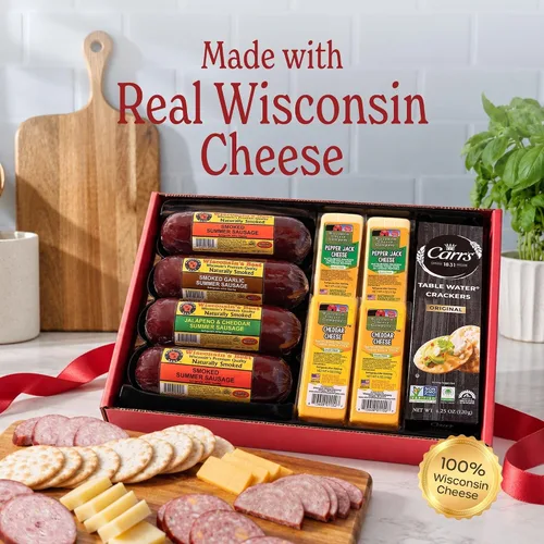 Vista 2 de Wisconsin Cheese Company Caja de regalo gourmet de queso, galletas y salchichas de verano - Hecho en Wisconsin - Surtido de salchichas y lácteos