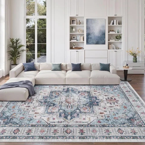 Vista 107 de zesthome Alfombras de área de 5 x 7, lavables a máquina, para sala de estar, dormitorio, resistentes a las manchas, vintage, de gran área, Beige