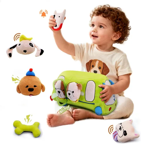 BizyKoady Juguetes para bebés de 6 a 12 meses – Juguetes sensoriales con cachorros de peluche, sonajero, papel arrugado, espejo y chirriante,