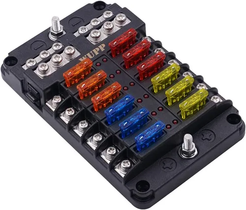 WUPP Panel de bloques de fusibles marinos para barco con indicador de advertencia LED, cubierta a prueba de humedad, 12 circuitos con soporte de