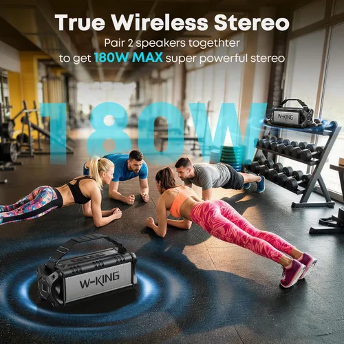 Vista 3 de W-KING Altavoz Bluetooth de 90 W máx., altavoces inalámbricos portátiles IPX6 impermeables, altavoz Bluetooth para exteriores de 50 W con graves