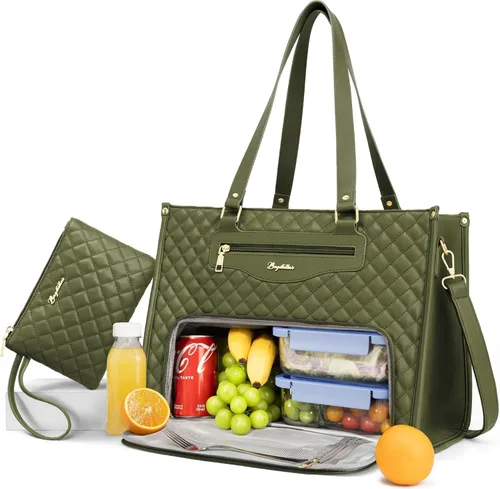 Vista 10 de Bolsa de almuerzo Bagstellar para mujer, bolsa de trabajo para laptop de 15.6 pulgadas con compartimento de lonchera aislada y bolso de mano de gran