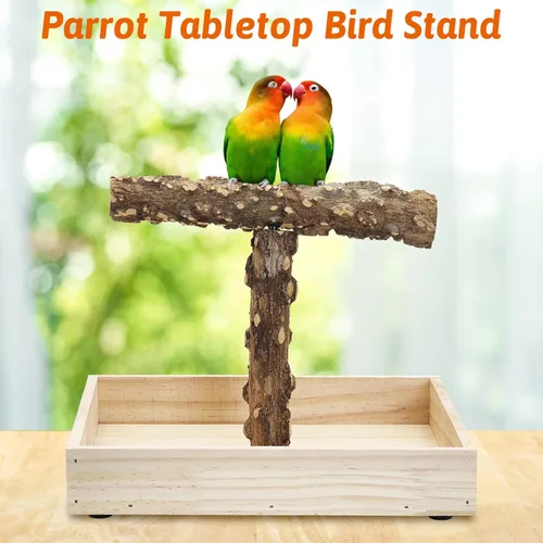 Vista 7 de BNOSDM Soporte portátil de perca para pájaros con bandeja para orinal, de madera natural, para entrenamiento, gimnasio, loro, juguete
