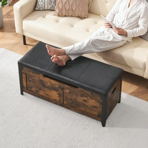 Vista 23 de GAOMON Baúl de almacenamiento, banco de almacenamiento con bisagra de seguridad, baúl de madera estilo granja para entrada, dormitorio, sala