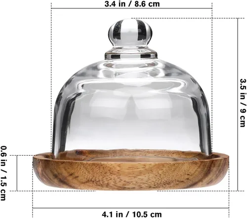 Vista 3 de Yardwe 2 Pack Mini Glass Dessert Dome with Wooden Base - 3.4 Inch Cake Stand with Clear Glass Cover for Cupcakes Pastries Candy Display